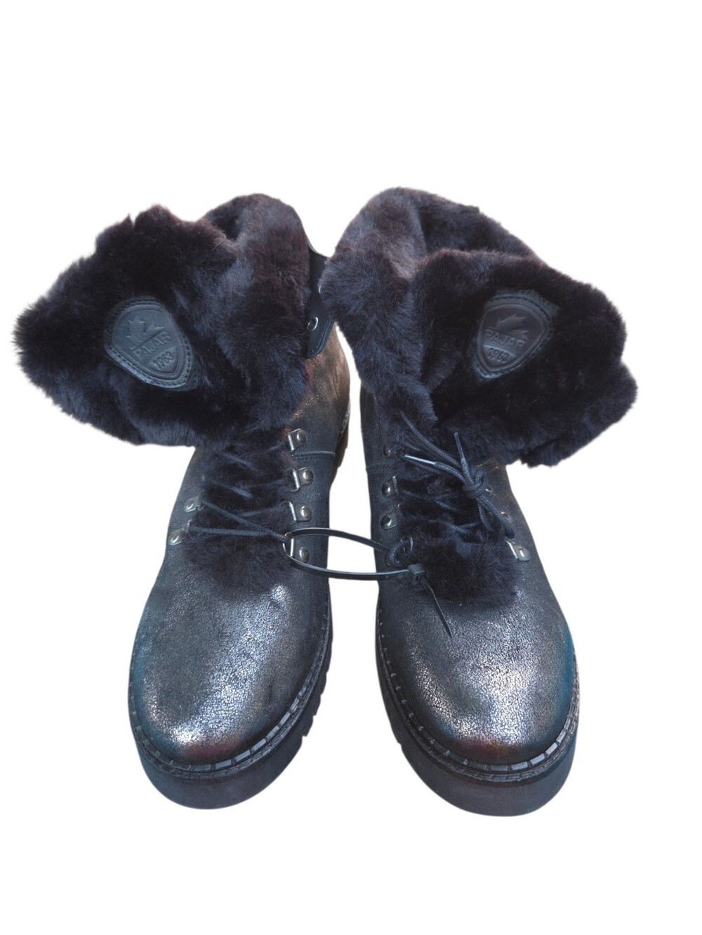 Pajar Canada Penny Combat Snow Boots in Pewter Metallic Leather & Faux Fur
